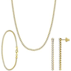 Zilveren goldplated set ketting, armband en oorknoppen zirkonia