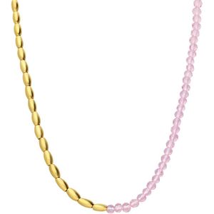 Stalen goldplated ketting met roze kralen