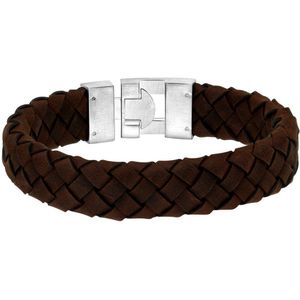 Stalen herenarmband gevlochten leer donkerbruin