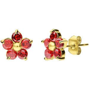 Stalen goldplated oorknoppen bloem met zirkonia rood
