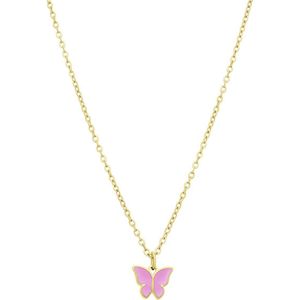 Stalen goldplated ketting met vlinder roze