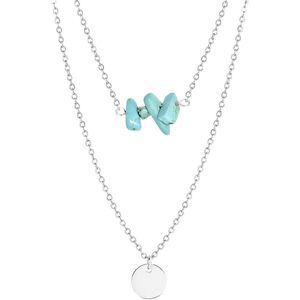 Lucardi Dames Ketting met muntje en turquoise - Staal - Ketting - Cadeau - 50 cm - Zilverkleurig