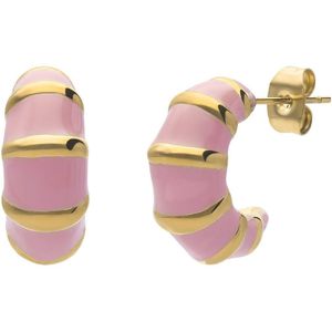 Stalen goldplated oorbellen met roze emaille