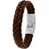 Stalen herenarmband gevlochten leer bruin