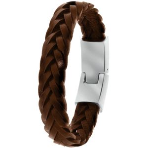 Stalen herenarmband gevlochten leer bruin