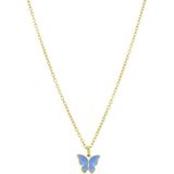 Stalen goldplated ketting met vlinder lichtblauw