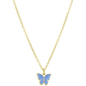 Lucardi Kinder Stalen goldplated ketting met vlinder lichtblauw - Ketting - Staal - Goudkleurig - 40 cm
