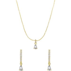 Zilveren goldplated set ketting en oorringen druppel zirkonia