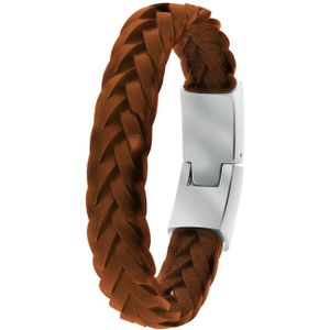 Stalen herenarmband gevlochten leer cognac