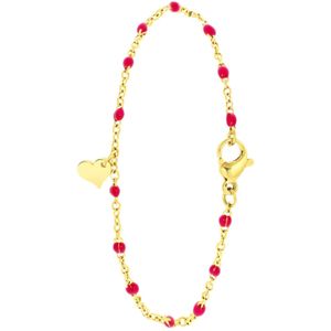 Stalen armband gold graveer hart fuchsia emaille