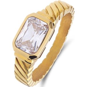 Stalen goldplated vintage ring met wit zirkonia