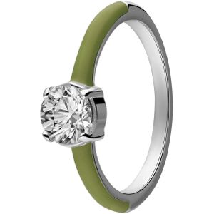 Stalen goldplated ring met groene emaille&zirkonia
