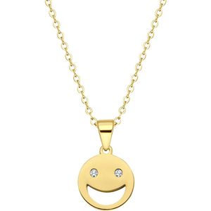 Stalen goldplated ketting smiley met zirkonia