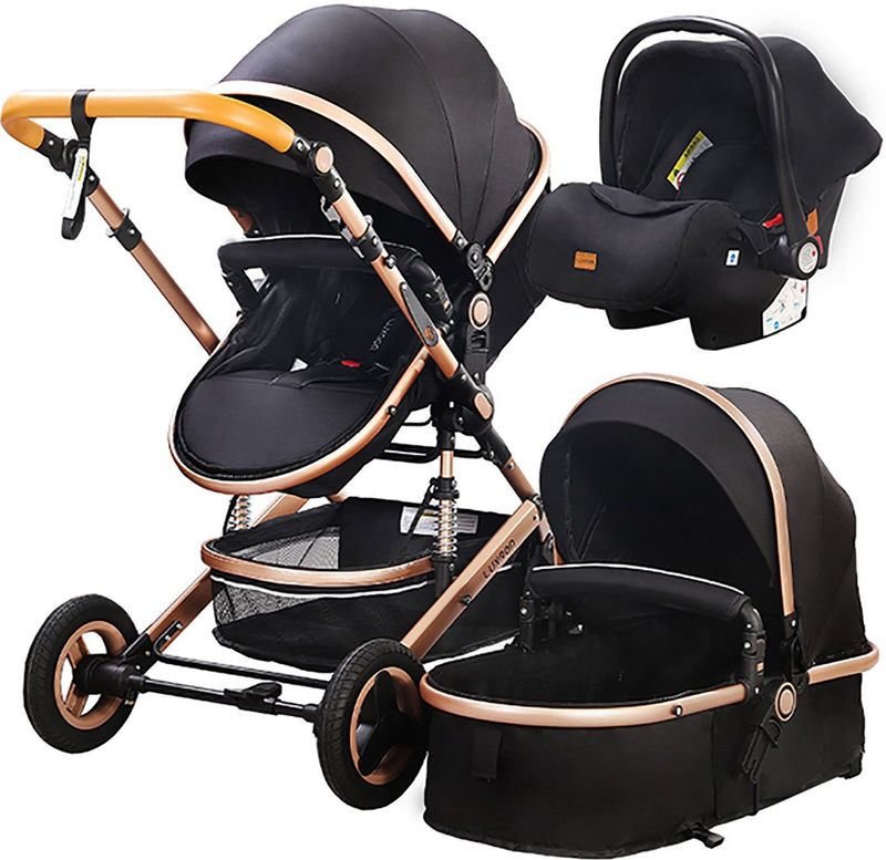 TPFLiving Kombi-Kinderwagen 3in1 Set - Modell Lux 7 Stoff - Schwarz