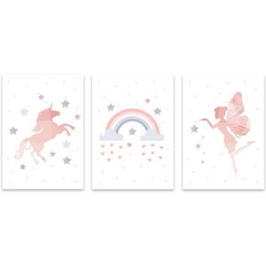TPFLiving Poster Leinwand / Einhorn, Zauberfee, Regenbogen - Für Kinderzimmer - Auch im 3er Set / Verschiedene Größen - OHNE Rahmen - Modell 3PCS - 40x50cm