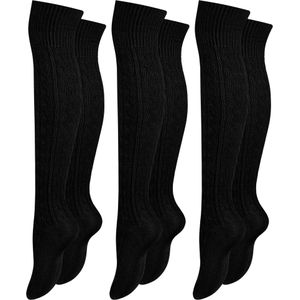 Paolo Renzo® Damen Baumwoll Overknees mit Zopfmuster & Anti-Rutsch-Bund 1 oder 3 Paar - Größe 36/41 - Schwarz / 36-41 / 3