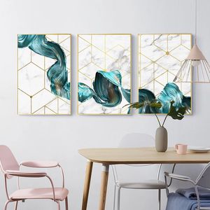 TPFLiving Luxus Poster Leinwand - Abstrakte Strukturen - Türkis, Weiß. Grau, Gold - 7 verschiedene Größen - Günstiges 3-er Set OHNE Rahmen - SET - 60x80cm