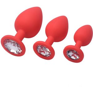 TPFSecret Juwel Analplug 3er Set - mit Schmuckstein Silber - Silikon Schwarz oder Rot - Rot