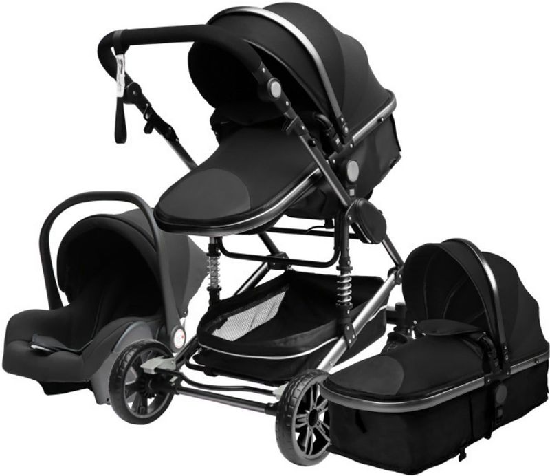 TPFLiving Kombi-Kinderwagen 3in1 Set - Modell 2 Stoff - Schwarz Silber