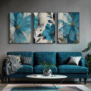 TPFLiving Luxus Poster Leinwand / Blumen in Blau / 3 Motive in 17 verschiedene Größen - OHNE Rahmen - Modell TPFL-LW-36-M3PCS Set - 30x40cm