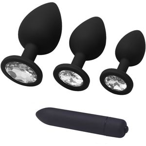 TPFSecret Juwel Analplug 4er Set mit Vibrator - mit Schmuckstein Silber - Silikon Schwarz oder Rot - Schwarz
