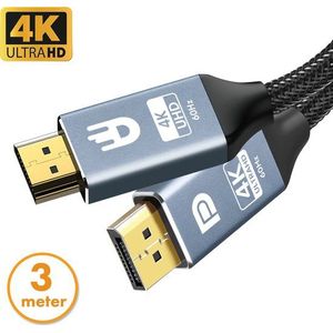Drivv. Premium Displayport zu HDMI Kabel - 4K 60hz - Nylon - 3 Meter - Grau