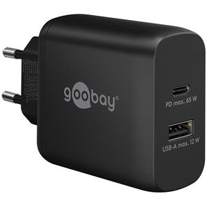 Goobay USB multipoort oplader | 2 poorten | USB-A & USB-C | 65W | GaN | Power Delivery | Zwart