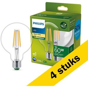 4x Philips LED lamp E27 | Globe G95 | Ultra Efficient | Filament | Helder | 2700K | 4W (60W)