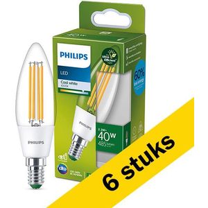 6x Philips LED lamp E14 | Kaars B35 | Ultra Efficient | Filament | Helder | 4000K | 2.3W (40W)