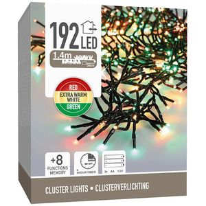 Clusterverlichting op batterijen 1.4 meter | Rood, Groen, Extra Warm Wit | 192 lampjes met timer