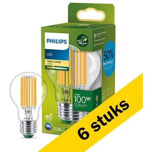 6x Philips LED lamp E27 | Peer A60 | Ultra Efficient | Filament | Helder | 2700K | 7.3W (100W)