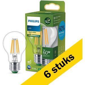 6x Philips LED lamp E27 | Peer A60 | Ultra Efficient | Filament | Helder | 2700K | 4W (60W)