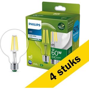 4x Philips LED lamp E27 | Globe G95 | Ultra Efficient | Filament | Helder | 4000K | 4W (60W)