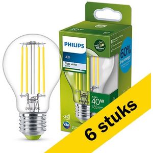 6x Philips LED lamp E27 | Peer A60 | Ultra Efficient | Filament | Helder | 4000K | 2.3W (40W)