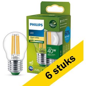 6x Philips LED lamp E27 | Kogel P45 | Ultra Efficient | Filament | Helder | 2700K | 2.3W (40W)
