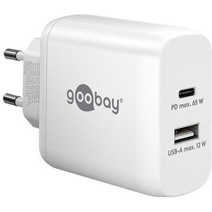 Goobay USB multipoort oplader | 2 poorten | USB-A & USB-C | 65W | GaN | Power Delivery | Wit