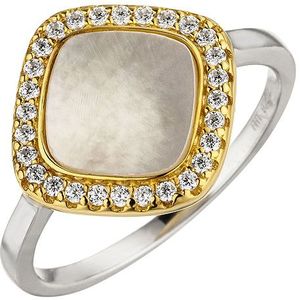 SIGO Damen Ring 925 Sterling Silber bicolor vergoldet Perlmutt 28 Zirkonia