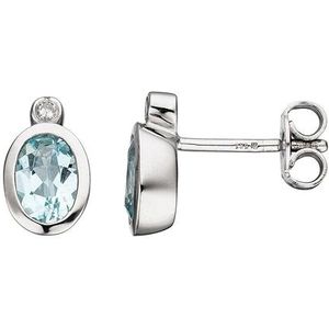 SIGO Ohrstecker oval 585 Gold Weißgold 2 Diamanten 2 Aquamarine hellblau blau