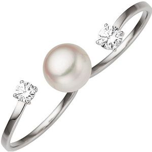 SIGO Damen Zweifinger Ring 333 Gold Weißgold 1 Süßwasser Perle 2 Zirkonia Perlenring