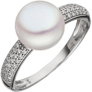 SIGO Damen Ring 333 Gold Weißgold 1 Süßwasser Perle 36 Zirkonia Perlenring Goldring