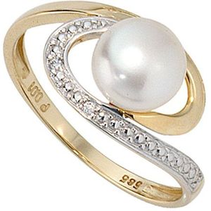 SIGO Damen Ring 585 Gold Gelbgold 1 Süßwasser Perle 2 Diamanten Brillanten Perlenring