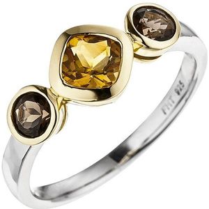 SIGO Damen Ring 925 Silber bicolor vergoldet 1 Citrin 2 Rauchquarze Silberring