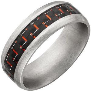 SIGO Herren Ring Edelstahl matt Carbon-Einlagen roten Effekten