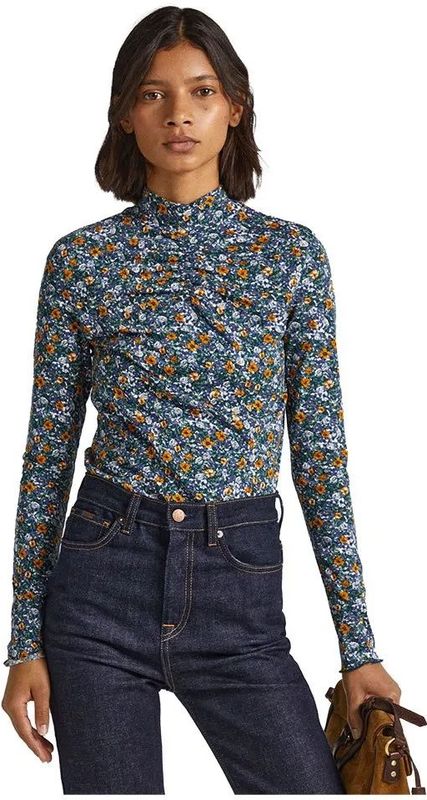 Pepe Jeans - PL505679 Cher - T-shirt - Marineblauw - Lange Mouwen - Bloemenprint