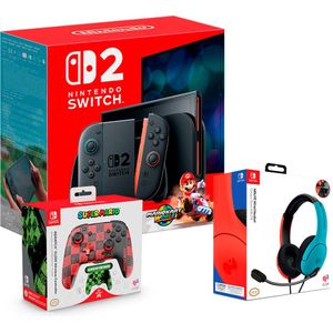 Nintendo Switch 2 + Mario Kart World + Controller Glow Super Icon + Neon Blauwe & Rode Headset