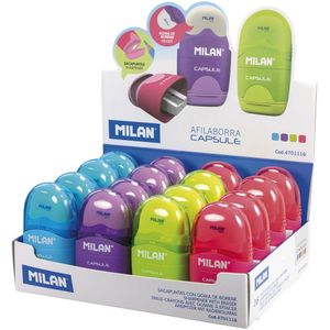 Milan Display Box 16 Erasers With Pencil Sharpener Capsule Transparant
