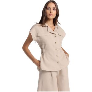 Victorio & Lucchino, V&Lvoor vrouwen. 3546708 Beige button-down overhemd (XS), Casual, Katoen, Korte mouwen