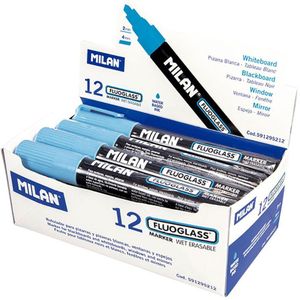 Milan Display Box 12 Fluoglass Markers Chisel Tip 2 4 Mm Blue Colour Blauw