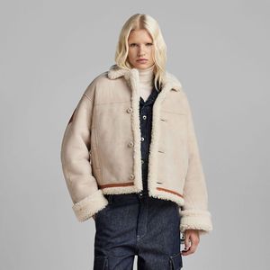 G-star E Short Shearling Leather Jacket Beige M Vrouw