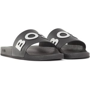 BOSSvoor mannen. 50471271 Slippers met reliëflogo Zwart (36), Plat, Geen, Casual, Strandkleding